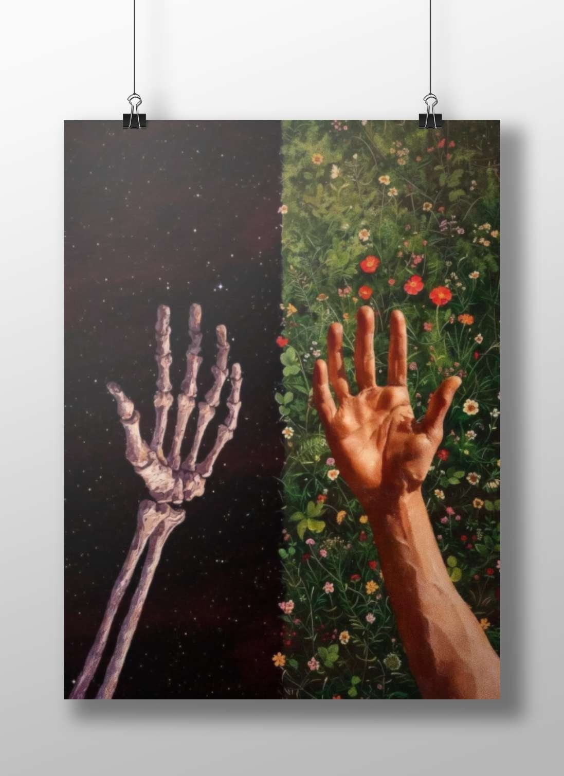 Skeletal hand and human hand [Skele & Flesh - Mortal Contrast Poster]