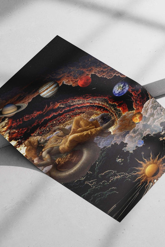 Lord Shiva (Hindu deity) seated on a serpent amid celestial bodies and cosmic clouds. Main Subject: Lord Shiva (Hindu deity)