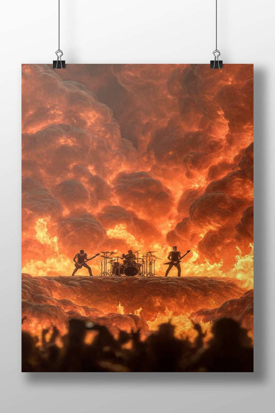 Two guitarists and one drummer performing against a fiery backdrop. Main Subject: Two guitarists and one drummer performing