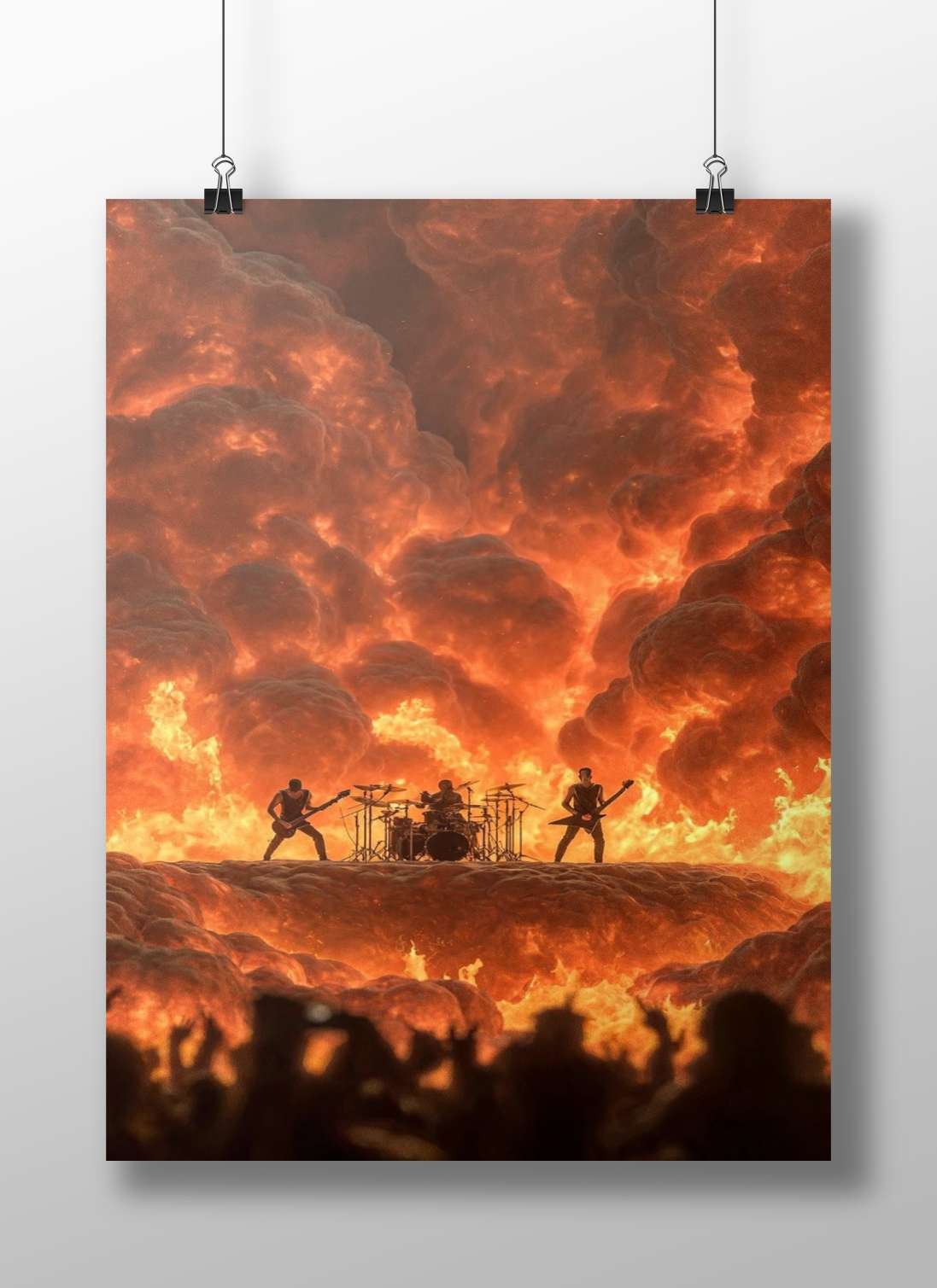 Two guitarists and one drummer performing against a fiery backdrop. Main Subject: Two guitarists and one drummer performing