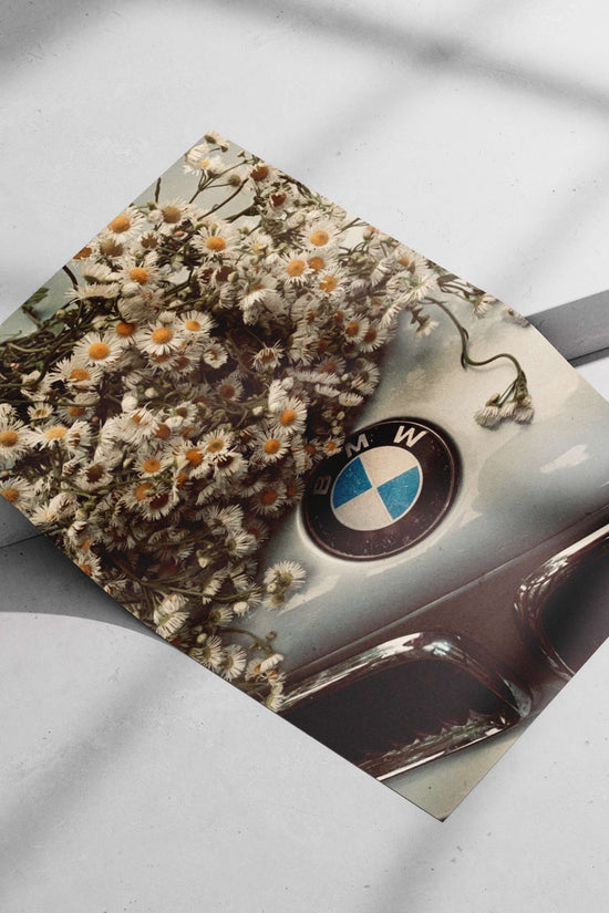 BMW car hood adorned with daisies Bmw Hood Daisies Vintage Retro Floral Poster – Nostalgic