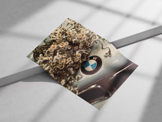 BMW car hood adorned with daisies Bmw Hood Daisies Vintage Retro Floral Poster – Nostalgic