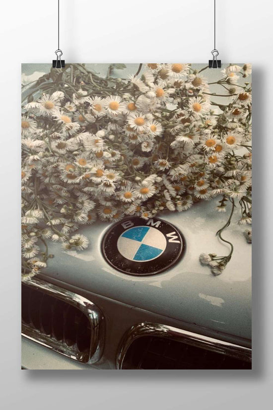 BMW car hood adorned with daisies Bmw Hood Daisies Vintage Retro Floral Poster – Nostalgic