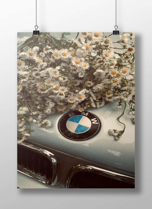 BMW car hood adorned with daisies Bmw Hood Daisies Vintage Retro Floral Poster – Nostalgic