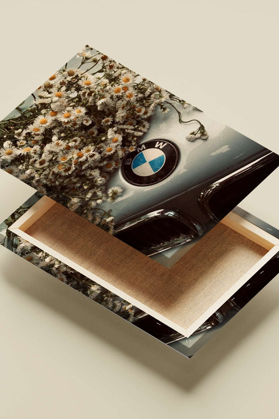BMW car hood adorned with daisies Bmw Hood Daisies Vintage Retro Floral Poster – Nostalgic