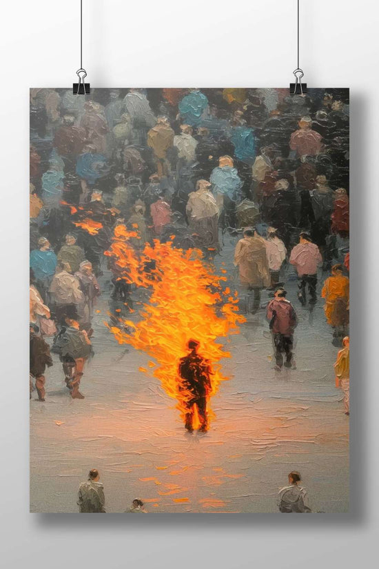 Human figure engulfed in flames Flames Of Rebellion Expressionist Oil Painting Poster – Urban Crowd