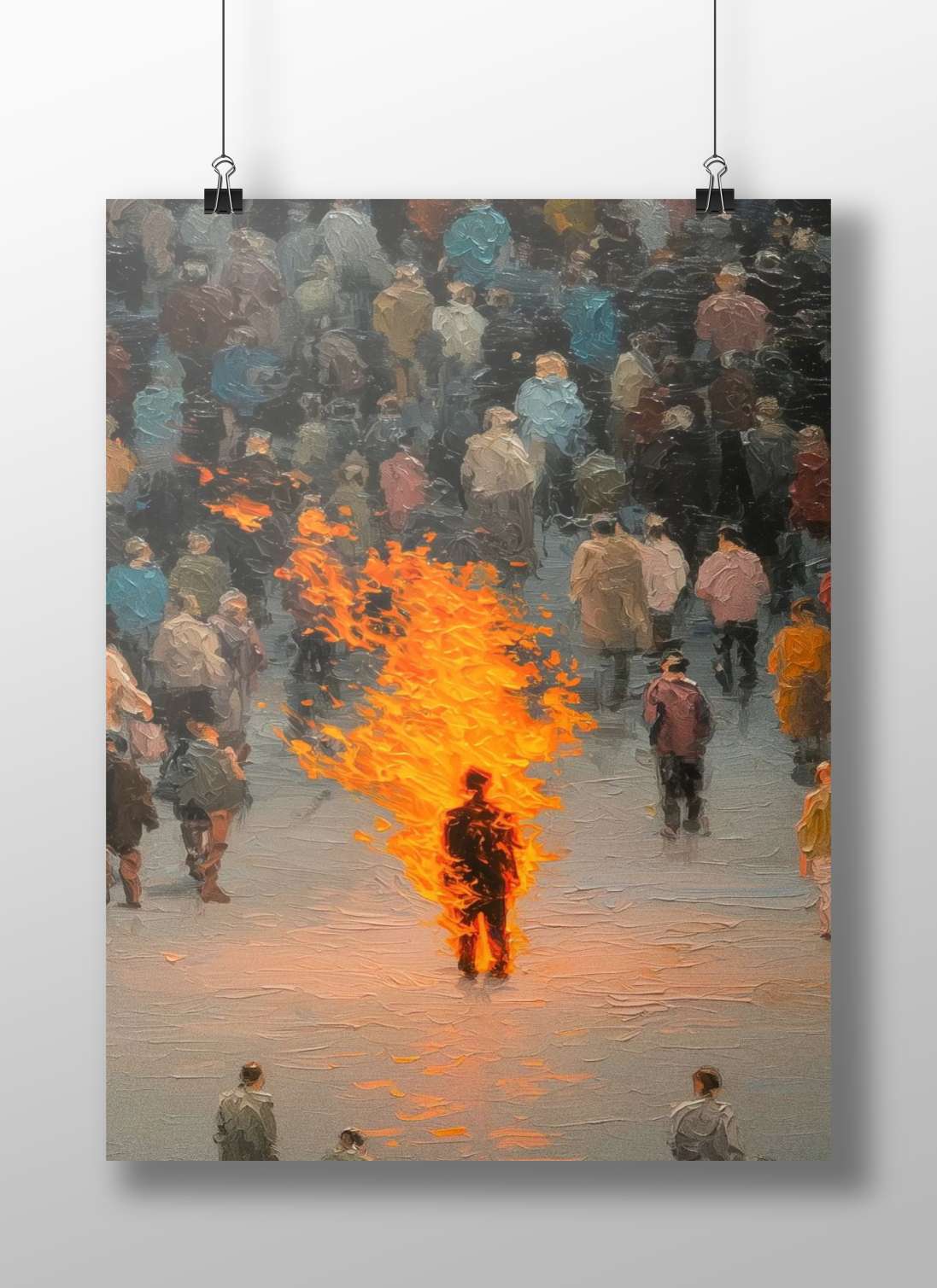 Human figure engulfed in flames Flames Of Rebellion Expressionist Oil Painting Poster – Urban Crowd