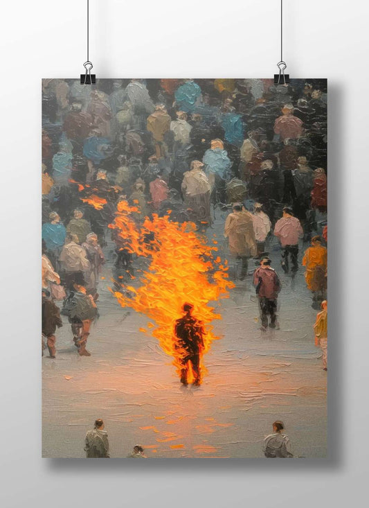 Human figure engulfed in flames Flames Of Rebellion Expressionist Oil Painting Poster – Urban Crowd