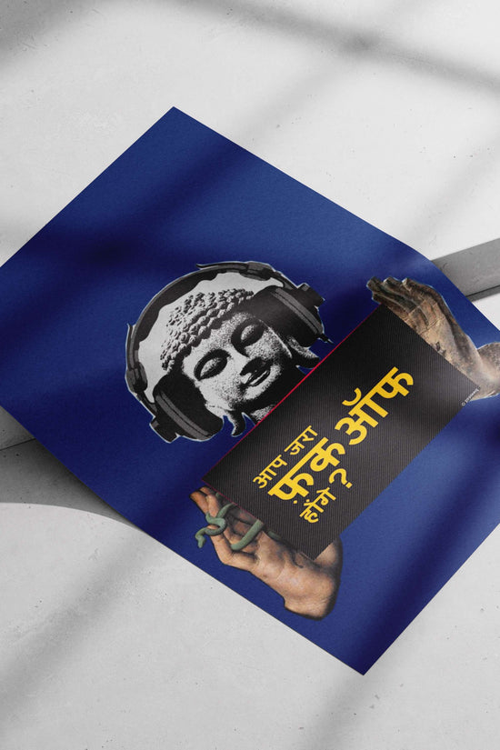 Buddha statue (Shakyamuni Buddha) wearing over-ear headphones Shakyamuni Buddha Headphones Digital Collage Poster – Modern