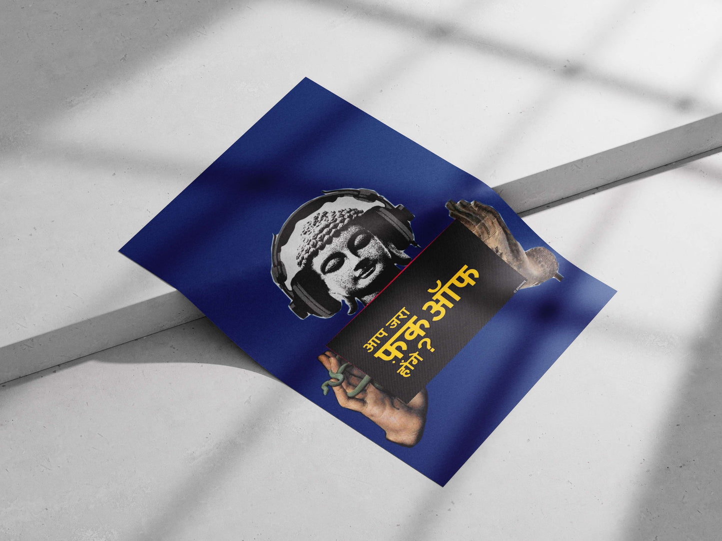 Buddha statue (Shakyamuni Buddha) wearing over-ear headphones Shakyamuni Buddha Headphones Digital Collage Poster – Modern