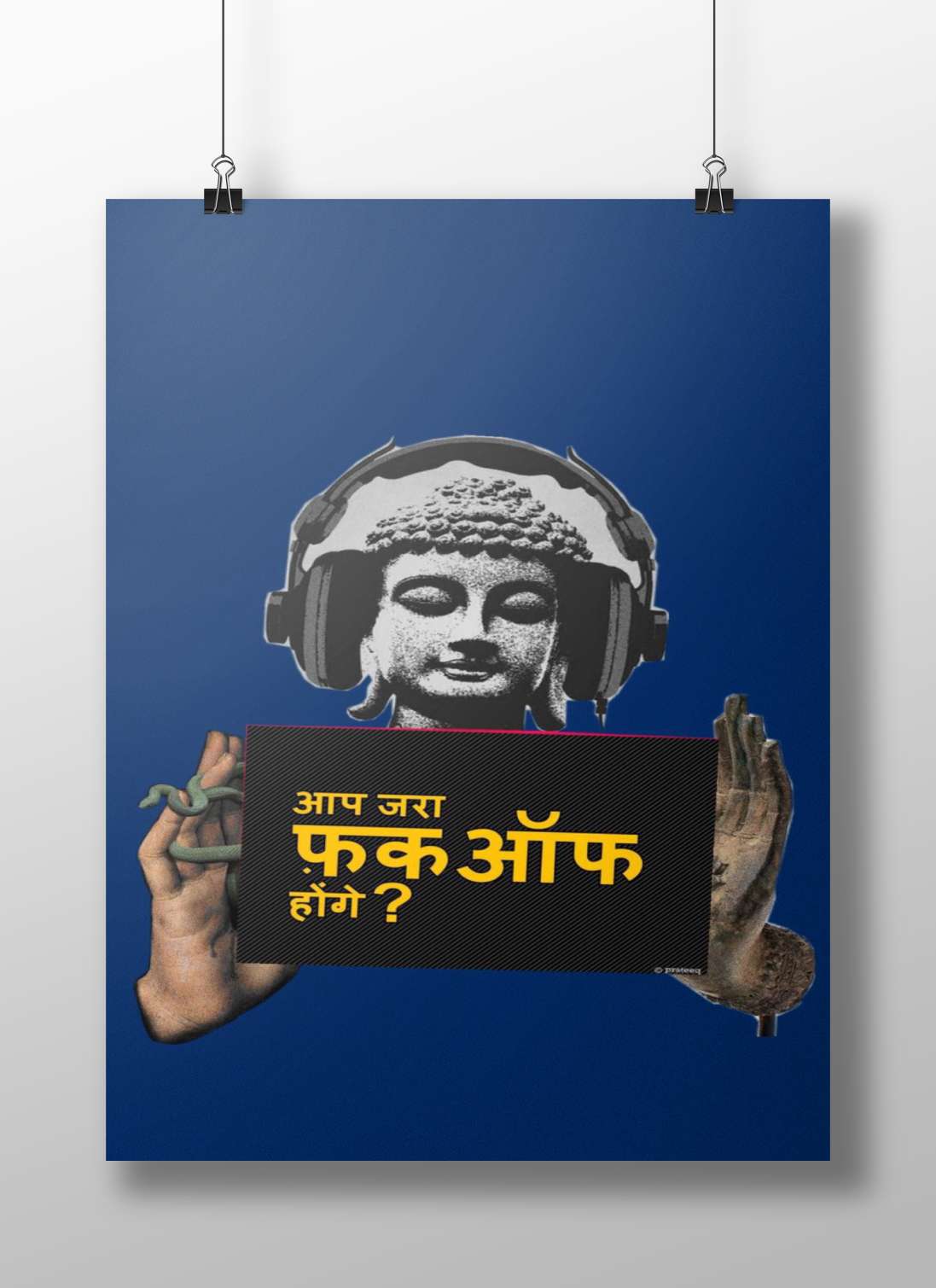 Buddha statue (Shakyamuni Buddha) wearing over-ear headphones Shakyamuni Buddha Headphones Digital Collage Poster – Modern