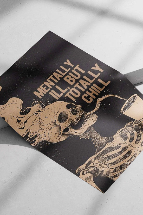 A skeleton holding a drink cup and smoking Main Subject: A skeleton holding a drink cup and smoking Matte poster print — Art