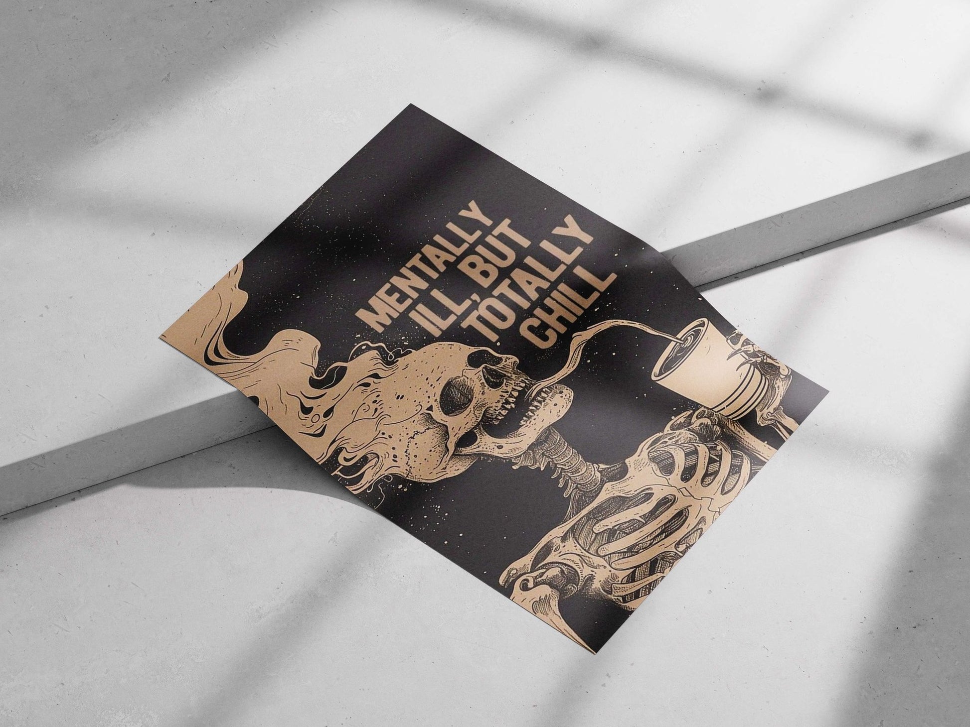 A skeleton holding a drink cup and smoking Main Subject: A skeleton holding a drink cup and smoking Matte poster print — Art