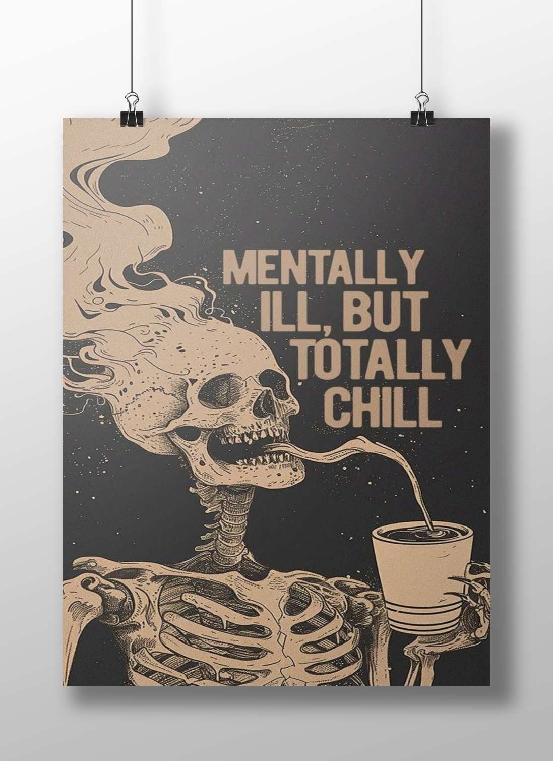 A skeleton holding a drink cup and smoking Main Subject: A skeleton holding a drink cup and smoking Matte BoizzBoard rigid