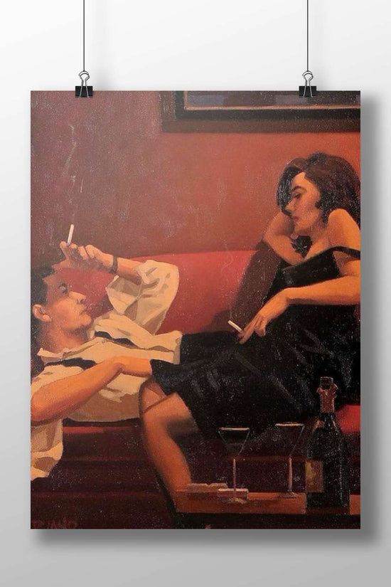 A vintage painting of a man in white shirt and woman in black dress lounging