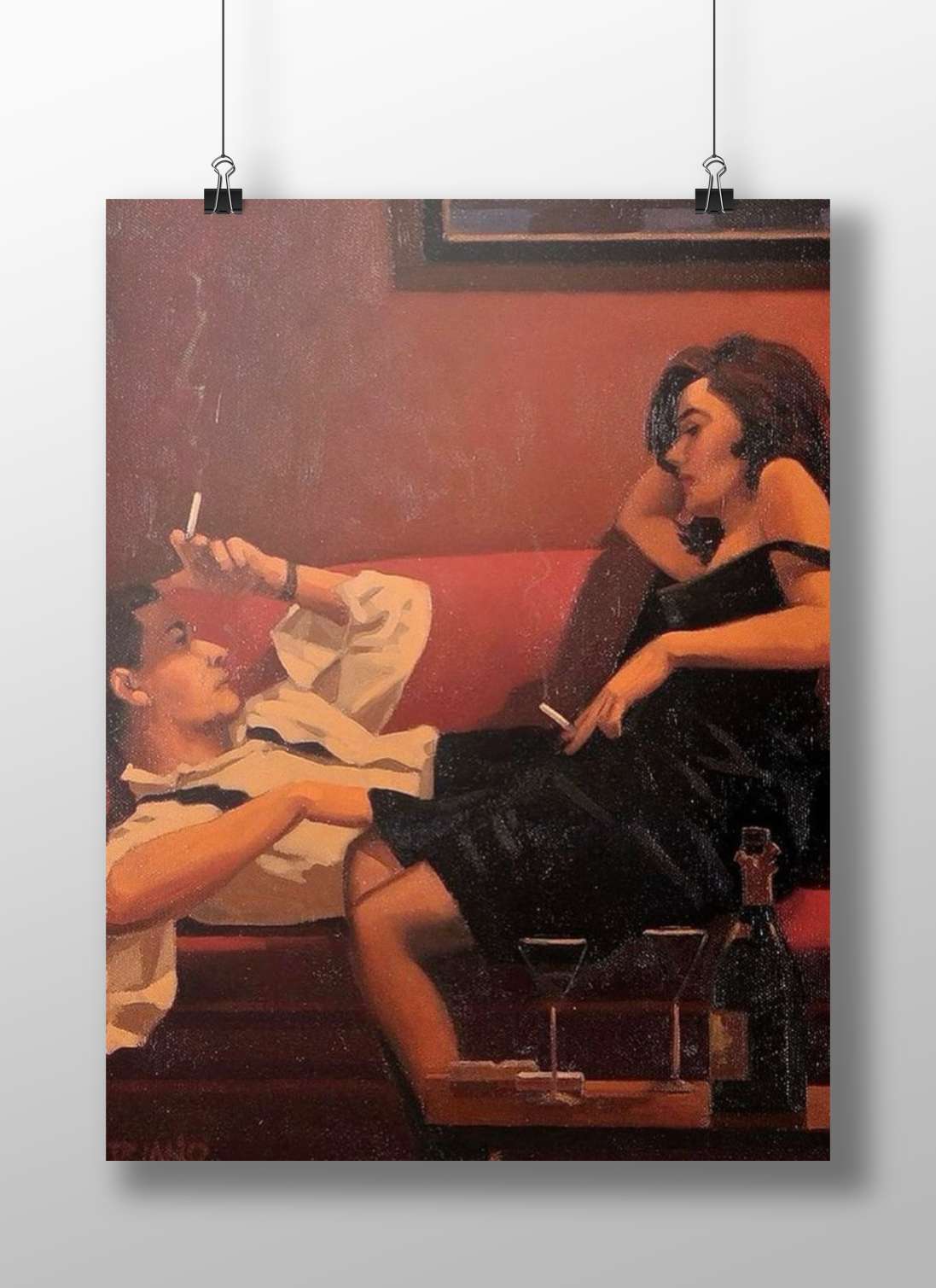 A vintage painting of a man in white shirt and woman in black dress lounging
