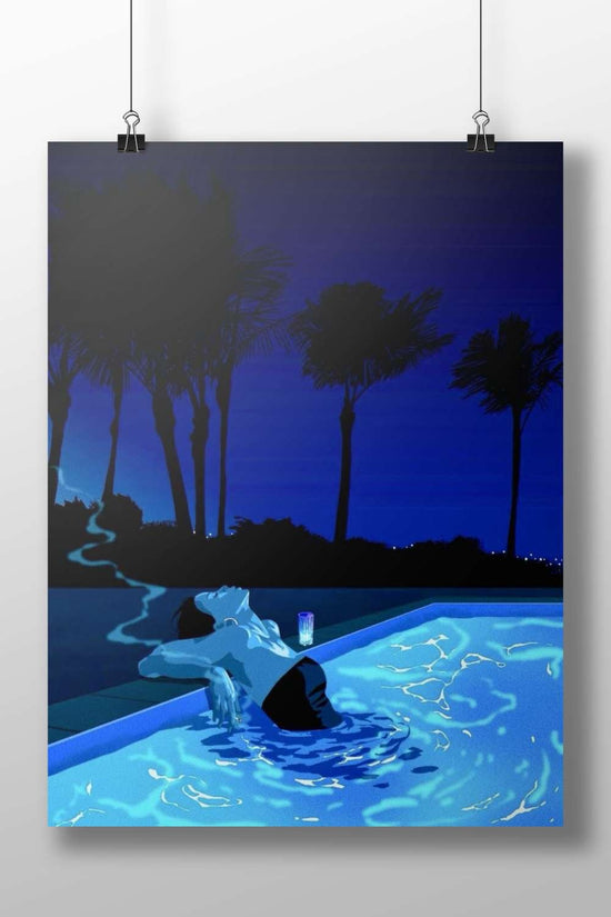 Anonymous Poolside Figure Night Pool Minimalist Poster – Contemporary Relaxation Wall Art