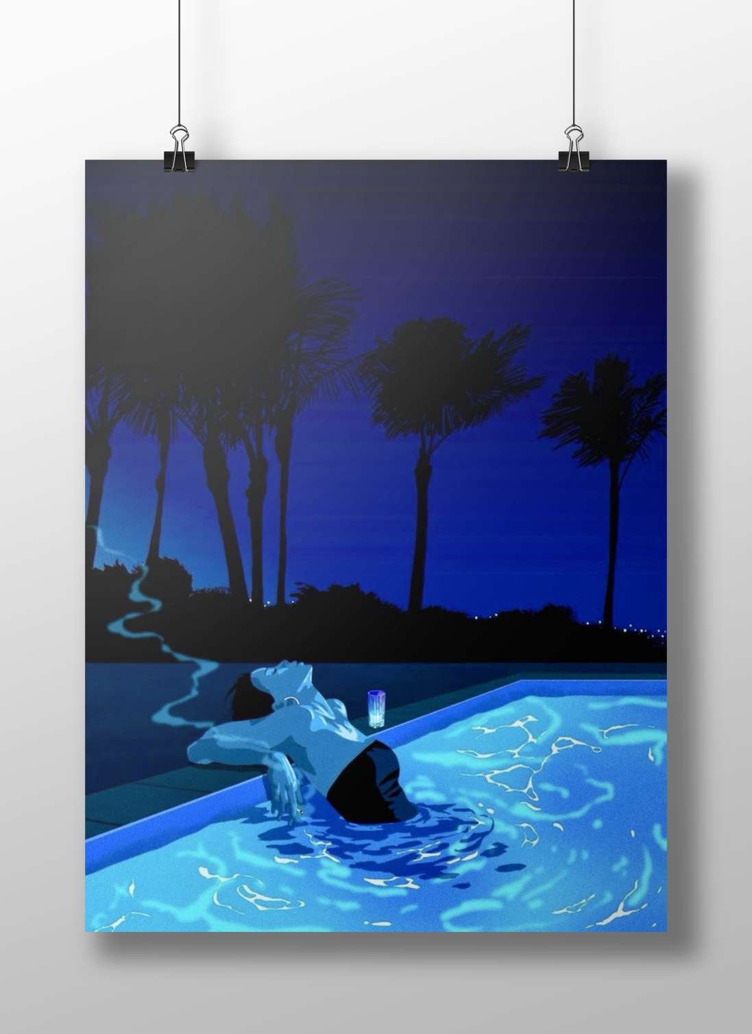 Anonymous Poolside Figure Night Pool Minimalist Poster – Contemporary Relaxation Wall Art