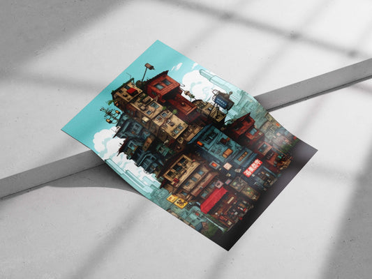 Stacked urban building complex with Chinese signage Tokyo Skyscrapers - Modern Metropolis Poster