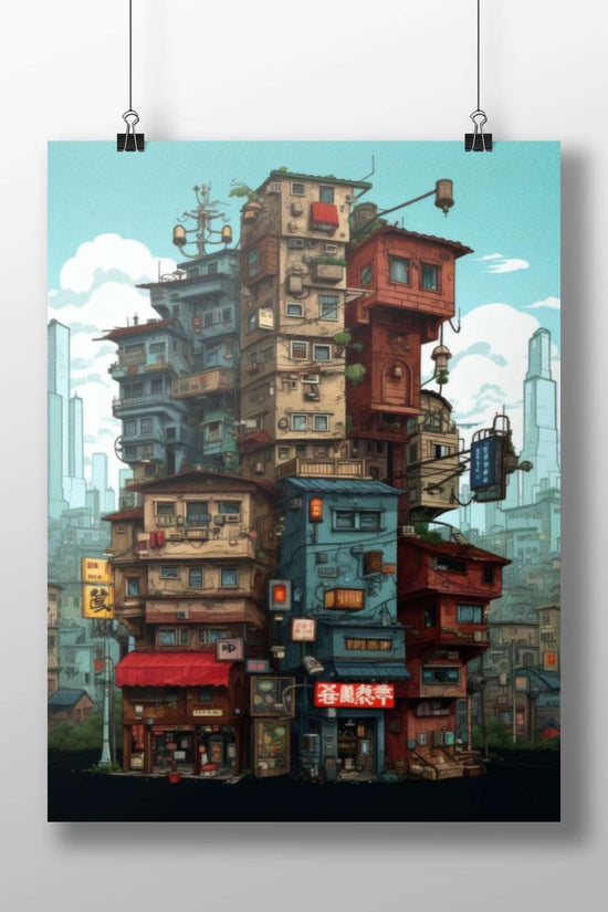 Stacked urban building complex with Chinese signage Tokyo Skyscrapers - Modern Metropolis Poster