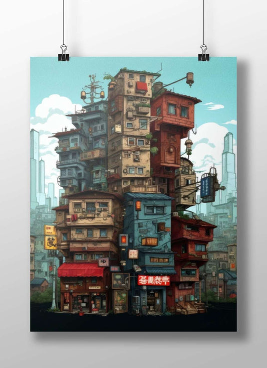 Stacked urban building complex with Chinese signage Tokyo Skyscrapers - Modern Metropolis Poster