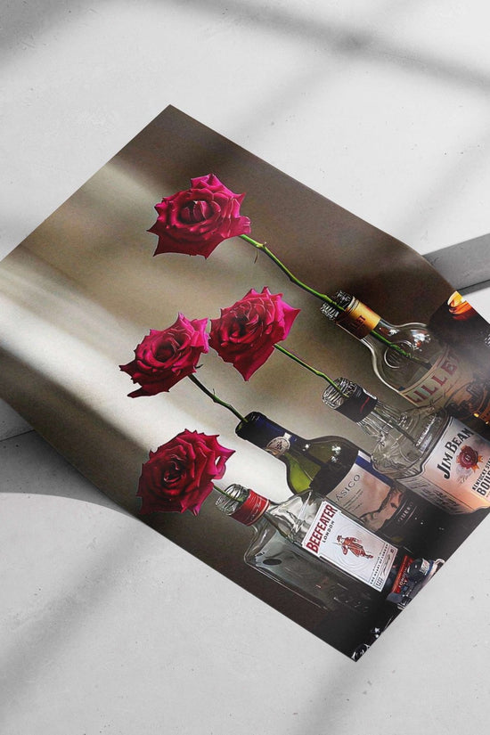 Beefeater gin bottle, Jim Beam bourbon bottle, Lillet brand bottle, and a wine bottle labeled "AŠICO" (all holding pink