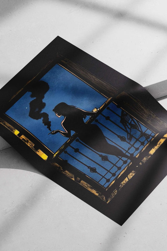 Silhouette Woman On Balcony Vintage Film Noir Poster – Midnight Smoking Cigarette Wall Art