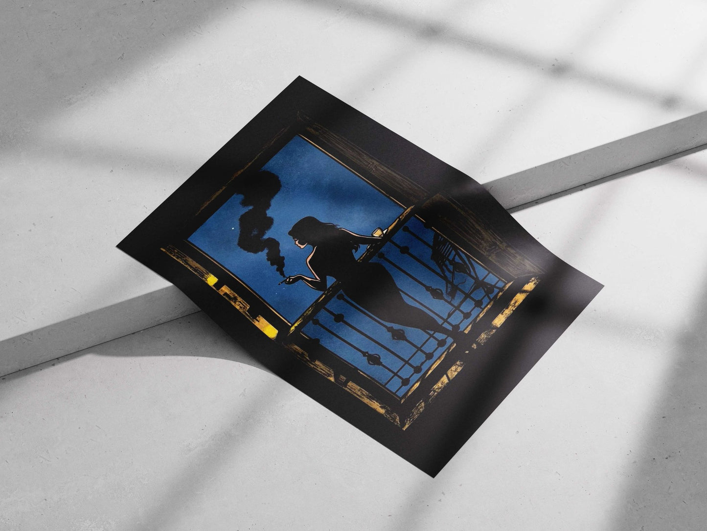 Silhouette Woman On Balcony Vintage Film Noir Poster – Midnight Smoking Cigarette Wall Art