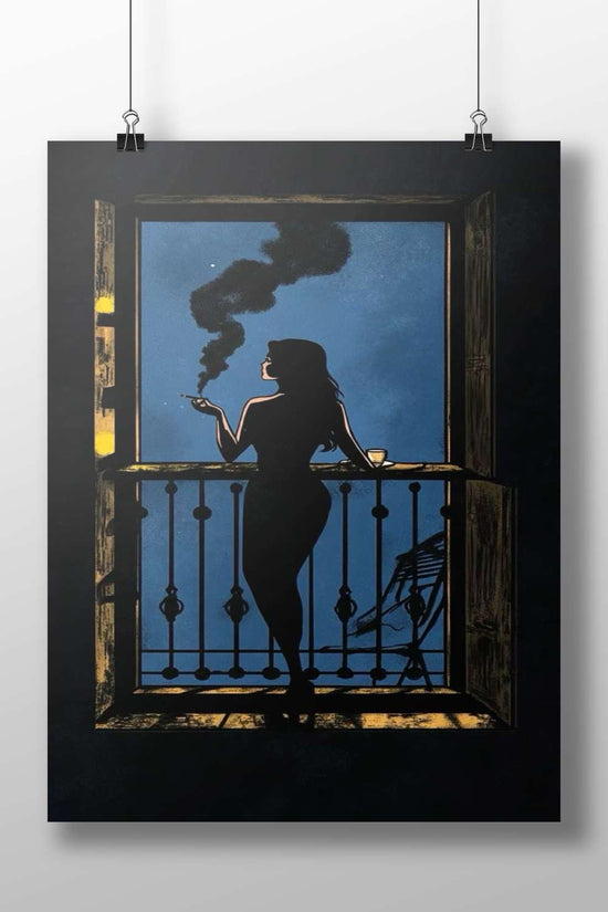Silhouette Woman On Balcony Vintage Film Noir Poster – Midnight Smoking Cigarette Wall Art