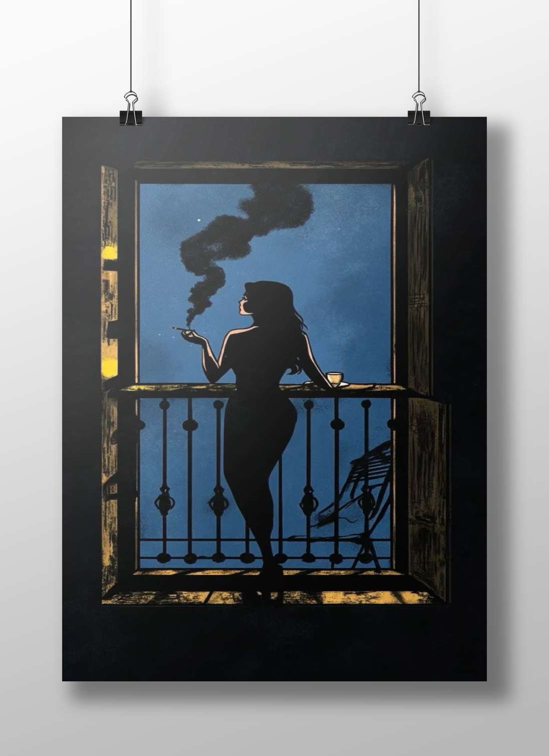 Silhouette Woman On Balcony Vintage Film Noir Poster – Midnight Smoking Cigarette Wall Art