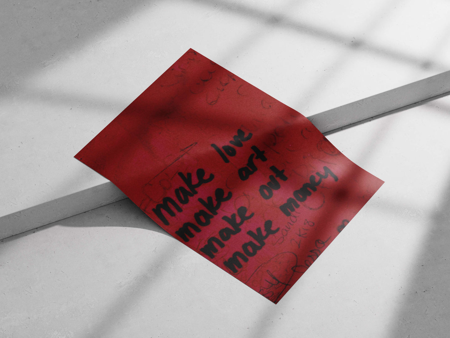 hand-painted motivational graffiti wall art with phrases "make love, make art, make out, make money"