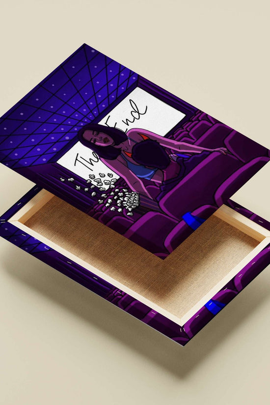 Couple in a movie theater with "The End" text Main Subject: Couple in a movie theater with "The End" text Canvas wall art —