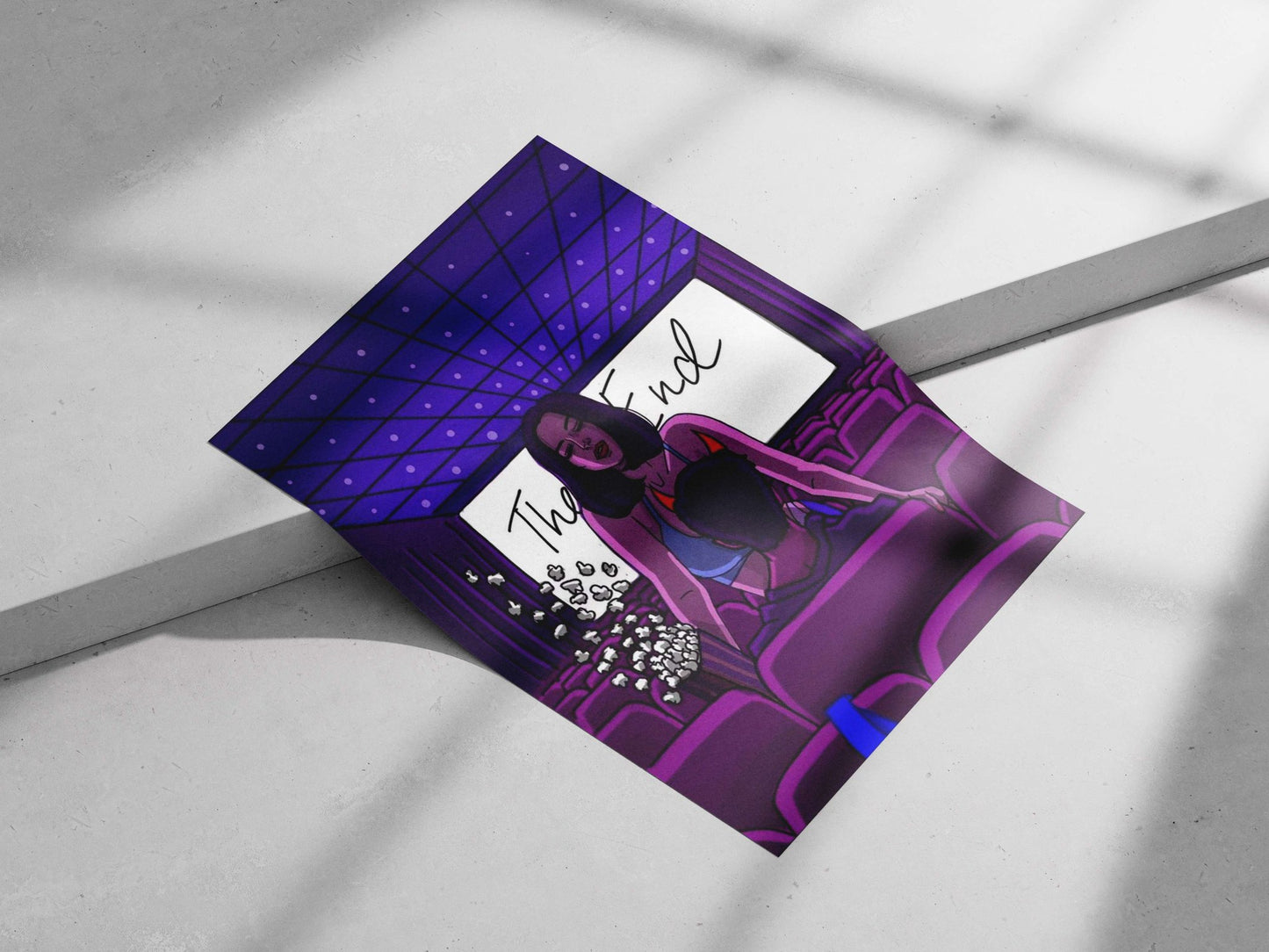 Couple in a movie theater with "The End" text Main Subject: Couple in a movie theater with "The End" text Matte poster print
