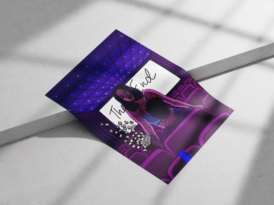 Couple in a movie theater with "The End" text Main Subject: Couple in a movie theater with "The End" text Matte poster print