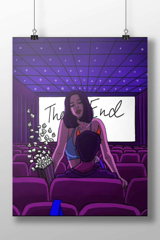 Couple in a movie theater with "The End" text Main Subject: Couple in a movie theater with "The End" text Matte BoizzBoard