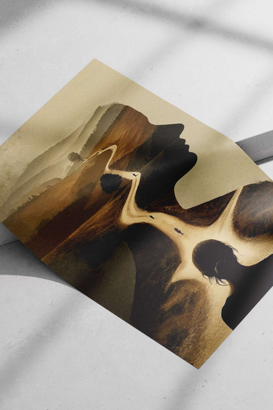 Silhouette of a Woman's Profile with Integrated Rural Landscape Winding Road Silhouette Profile Digital Collage
