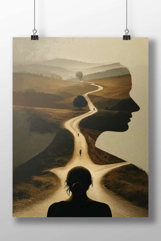 Silhouette of a Woman's Profile with Integrated Rural Landscape Winding Road Silhouette Profile Digital Collage