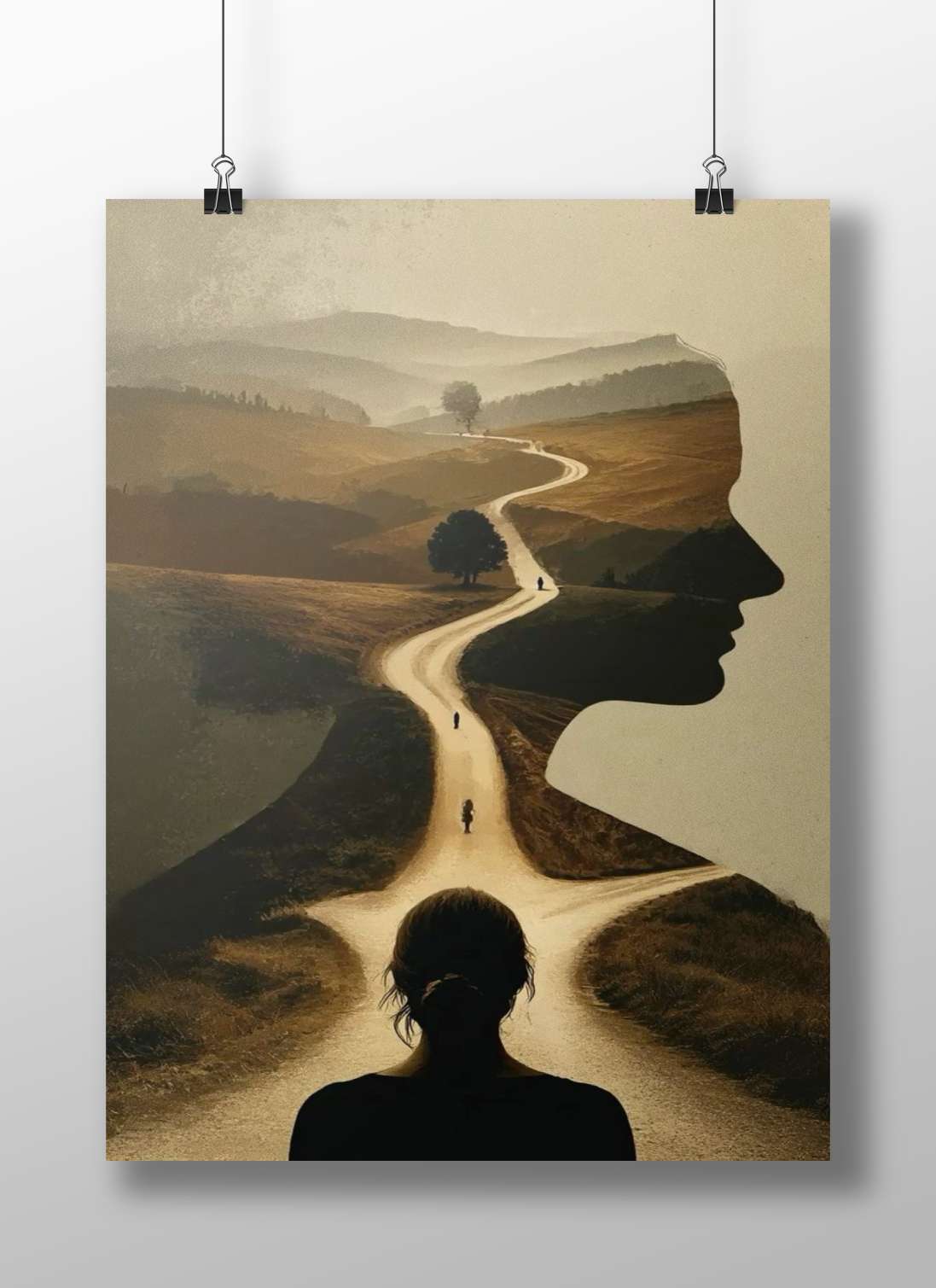 Silhouette of a Woman's Profile with Integrated Rural Landscape Winding Road Silhouette Profile Digital Collage