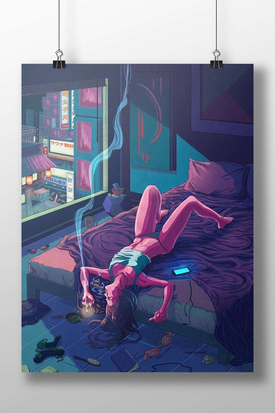 Woman lying on a bed with a cigarette Main Subject: Woman lying on a bed with a cigarette Matte BoizzBoard rigid print — Art