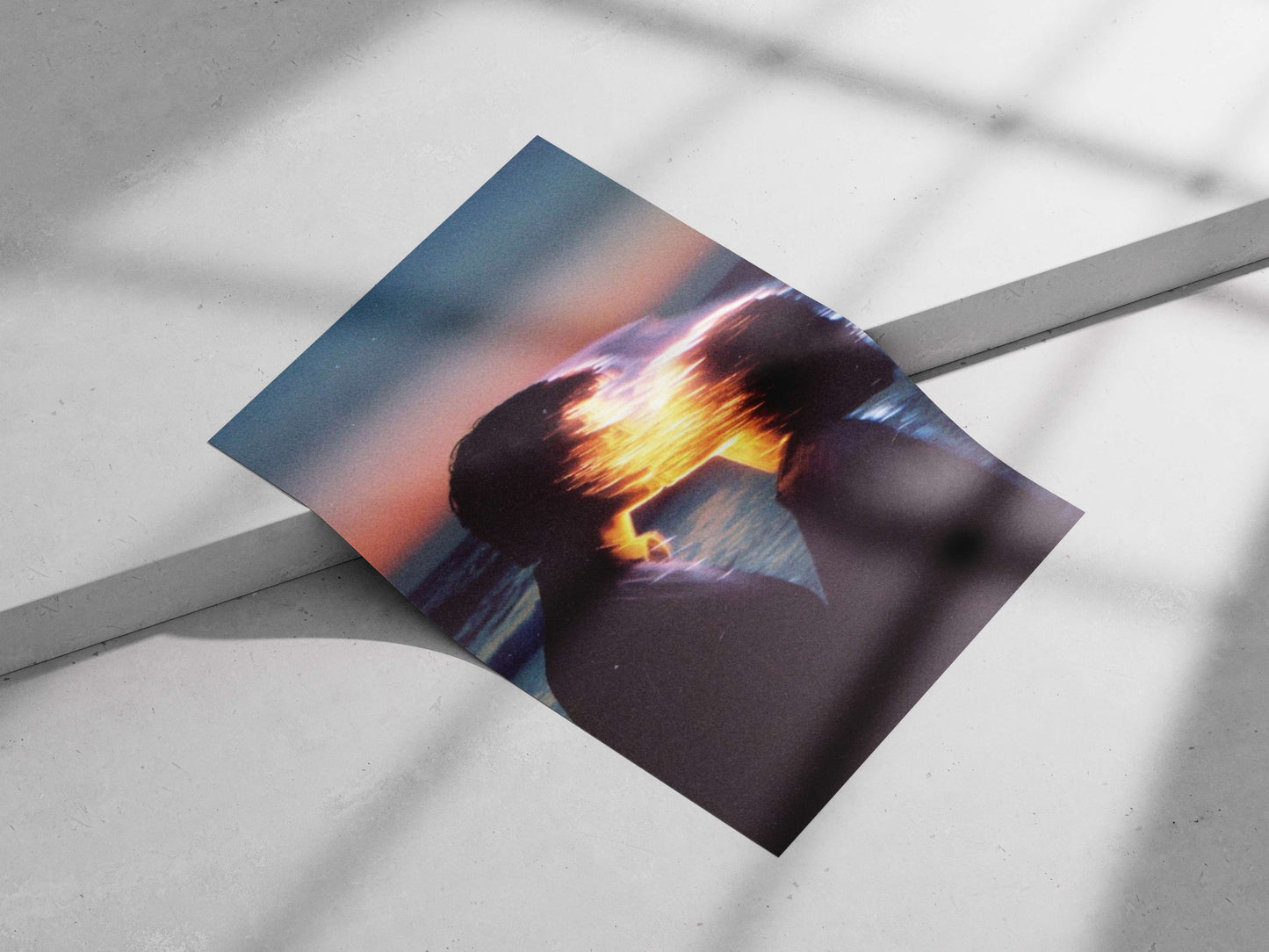 Two human silhouettes with overlapping glowing light effect Sunset Glitch Art Romantic Couple Poster –