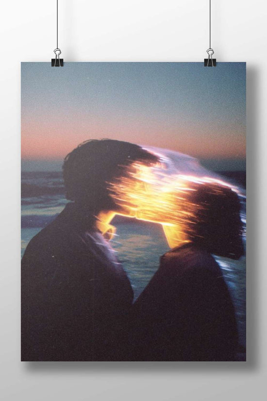 Two human silhouettes with overlapping glowing light effect Sunset Glitch Art Romantic Couple Poster –