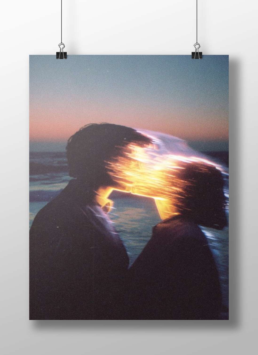 Two human silhouettes with overlapping glowing light effect Sunset Glitch Art Romantic Couple Poster –