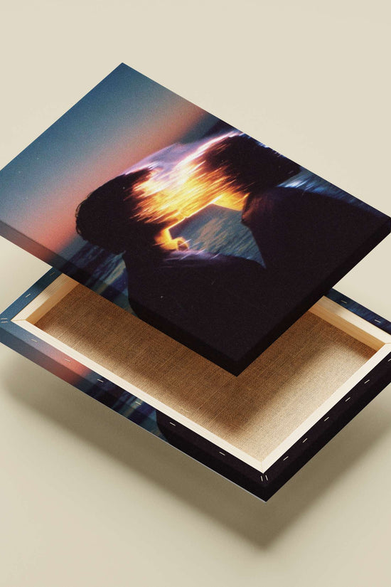 Two human silhouettes with overlapping glowing light effect Sunset Glitch Art Romantic Couple Poster –