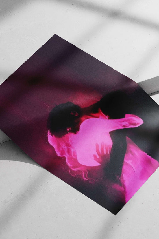 Romantic couple embracing in silhouette with neon lighting Romantic Couple Embracing In Neon Silhouette Poster