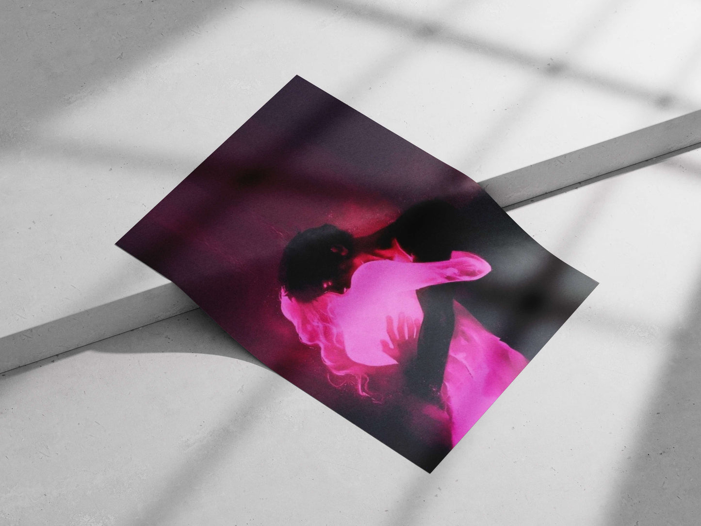 Romantic couple embracing in silhouette with neon lighting Romantic Couple Embracing In Neon Silhouette Poster