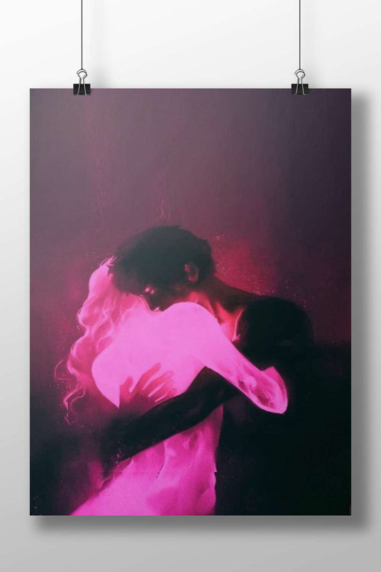 Romantic couple embracing in silhouette with neon lighting Romantic Couple Embracing In Neon Silhouette Poster