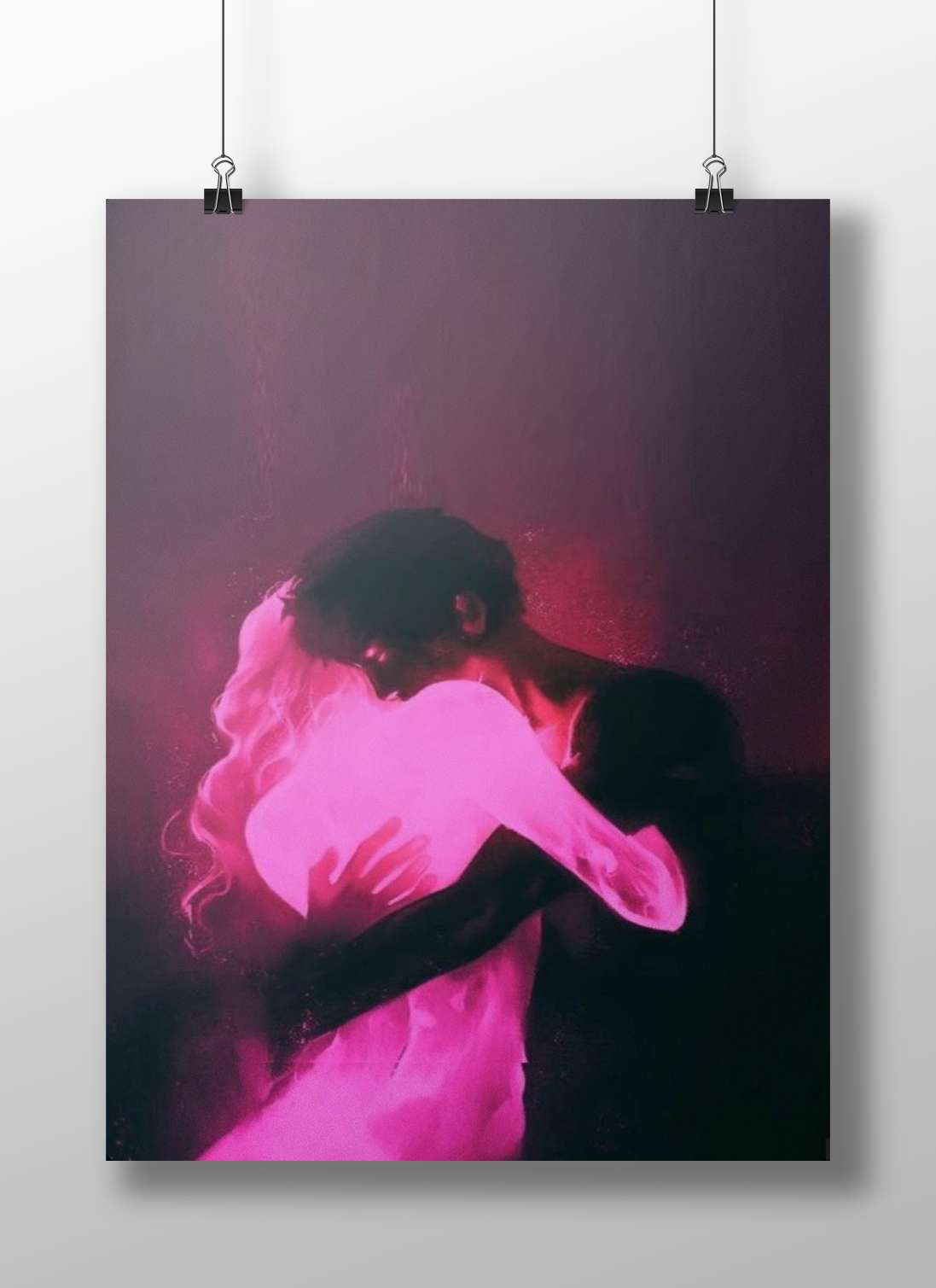 Romantic couple embracing in silhouette with neon lighting Romantic Couple Embracing In Neon Silhouette Poster