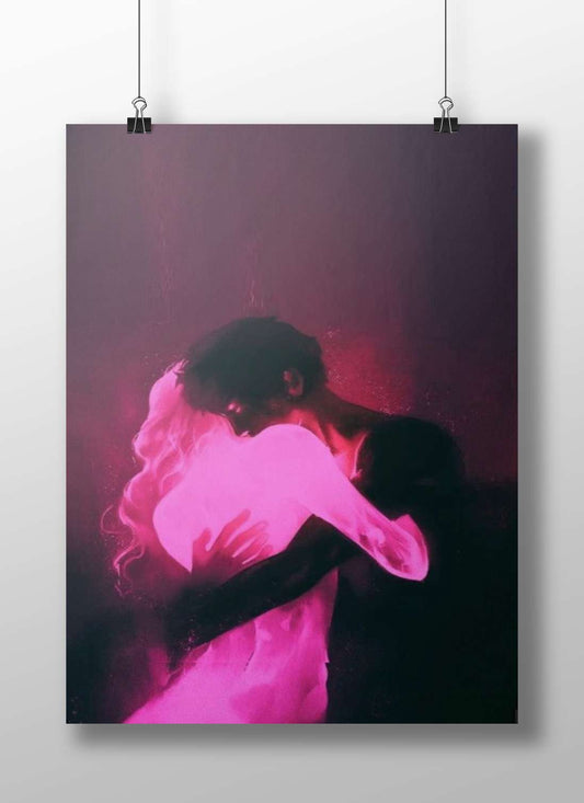 Romantic couple embracing in silhouette with neon lighting Romantic Couple Embracing In Neon Silhouette Poster