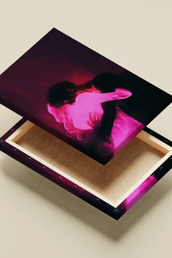 Romantic couple embracing in silhouette with neon lighting Romantic Couple Embracing In Neon Silhouette Poster