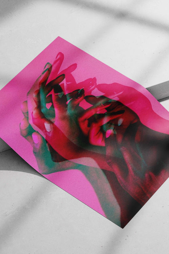 Overlapping hands in layered digital composition Overlapping Hands Intimate Digital Collage Poster – Neon Pink